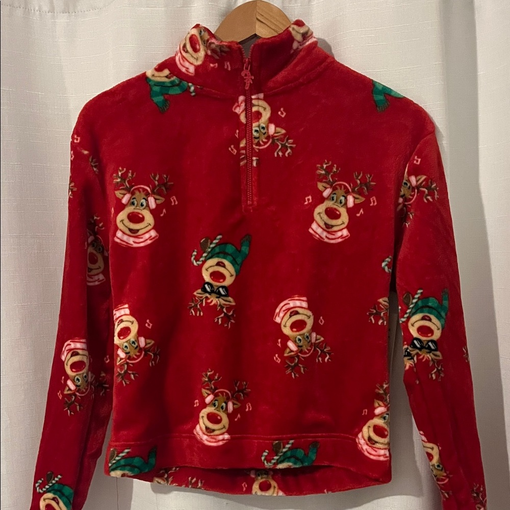 No Boundaries Red Reindeer Fleece Quarter-Zip Sweatshirt